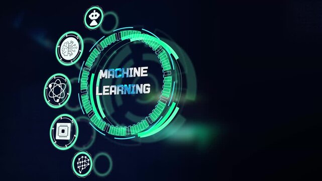 Machine learning model training progress displayed on glowing futuristic technological hud dashboard with cyber tech icons