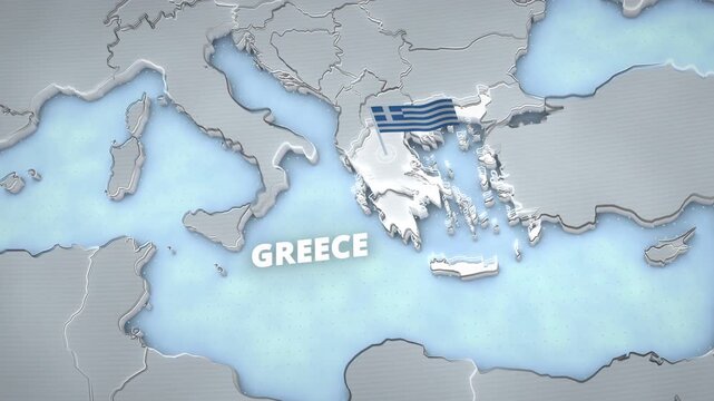3D map animation of Greece, Europe featuring a waving national flag, an illuminated border, and bold typography, ideal for a broadcast news opener or travel presentation.