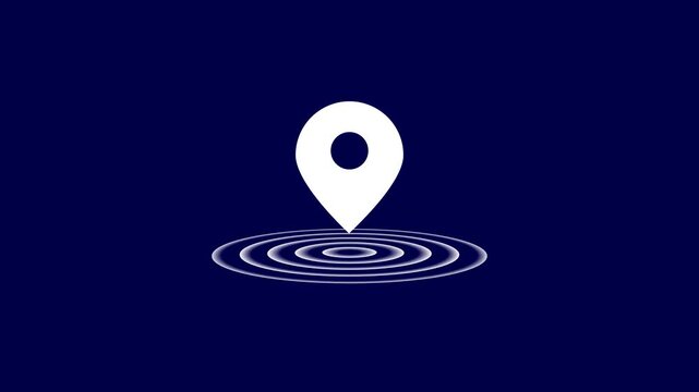 Minimalist white map location pin animation with pulsing concentric ripple effect on a solid deep navy blue background, for modern digital, navigation, geographic tracking, and ui projects