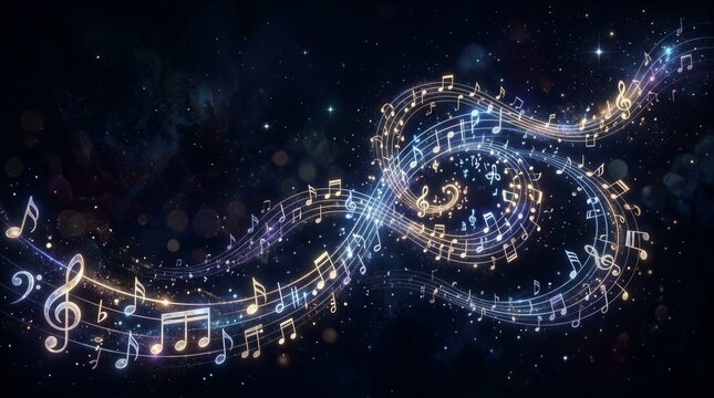 Musical notes swirling across starry cosmic background