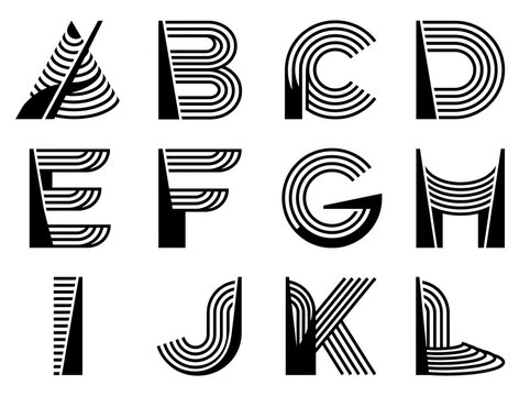Modern geometric alphabet letters A to L, black and white linear typography set, minimalist abstract font design for branding