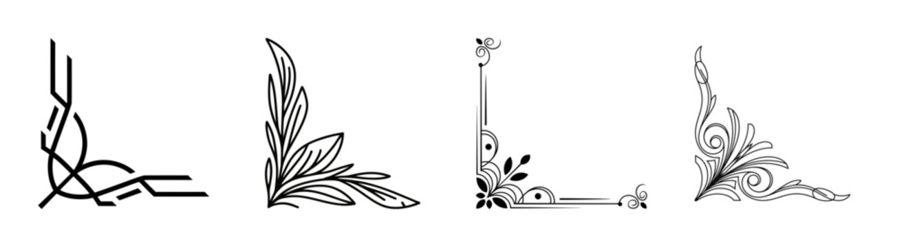 Set of four elegant black corner frames with floral flourishes and geometric line designs.
