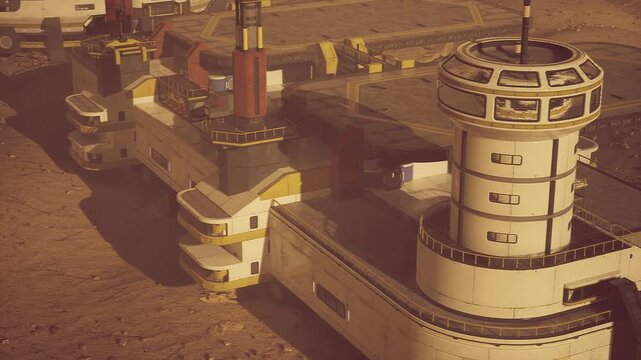 Mars solar array and power converters stretch beside habitat modules, angled panels capturing weak sunlight inverters, storage banks, and cable trenches suggest