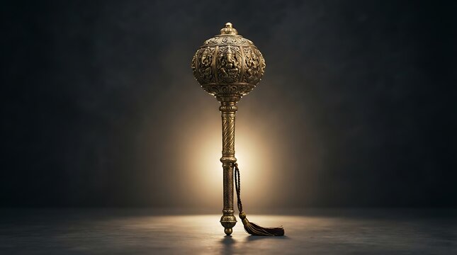 Ornate golden mace with intricate carvings on a dark background