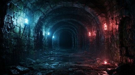 Fototapeta premium Ancient stone corridor lit by torches inside underground dungeon