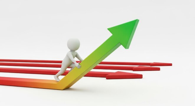 A3d white character pushing a large green arrow upward, with red arrows on a white background