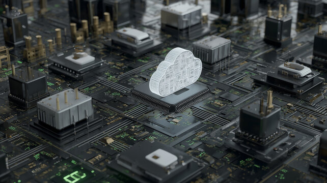 A cloud symbol positioned on a circuit board representing cloud computing infrastructure and connected digital technology systems.
