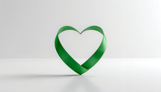 Green ribbon shaped heart isolated on simple white studio background for awareness.