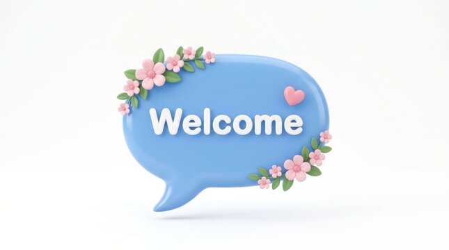 A light blue speech bubble with floral ornamentation and the word welcome is displayed speechbubble speech-bubble talkbubble messagebox communication