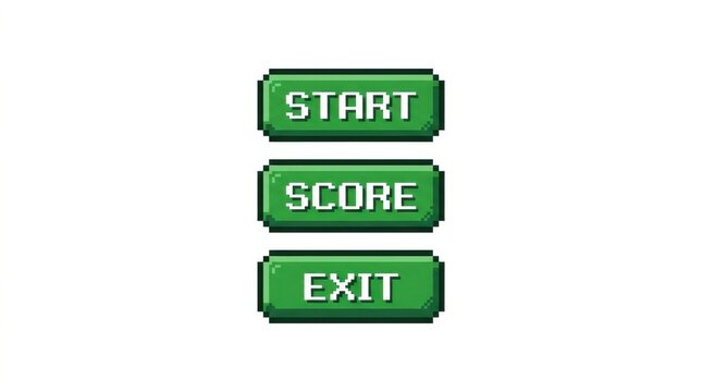 Pixelated game buttons with start score and exit labels on a white background gaming interface digital retro eightbit eight-bit