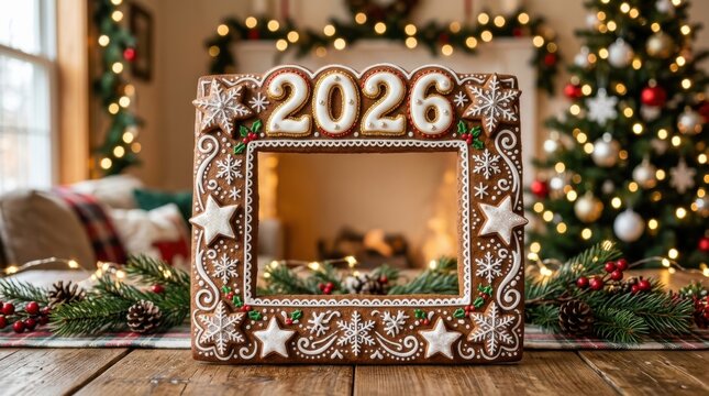 Gingerbread frame decorated with icing spells out 2026 in a festive holiday setting cookie christmas newyear decoration seasonal confectionery