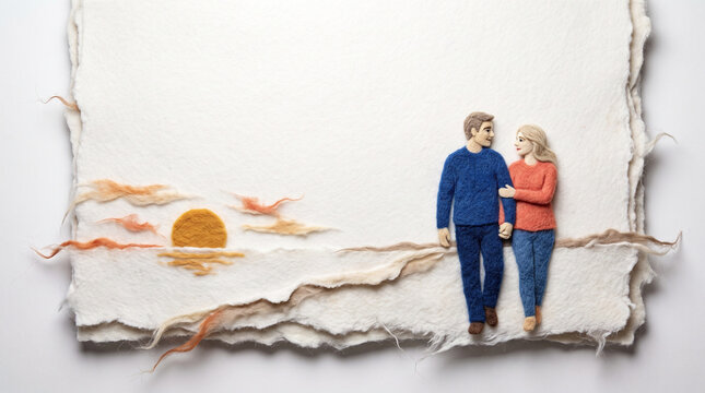 Couple walking hand in hand on a beach at sunset in artistic style  