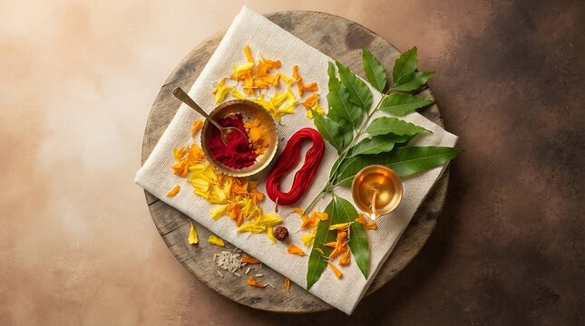 Traditional hindu puja offering with flowers and diya