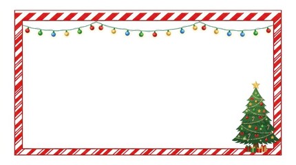 Fototapeta premium A christmas tree with gifts and string lights forms a festive border on a white background holiday ornament decorations