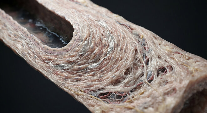 3D rendering of blood vessel wall anatomy, artery cross-section, endothelial lining, smooth muscle, and connective tissue layers