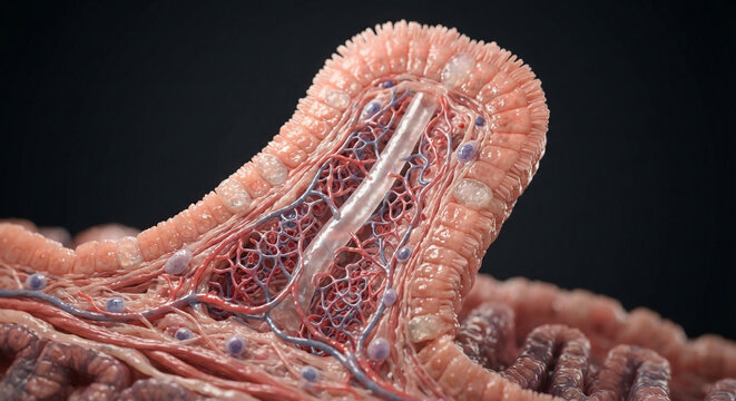 3D rendering of single intestinal villus cross-section, microvilli, capillary network, lacteal vessel, and epithelial cells closeup