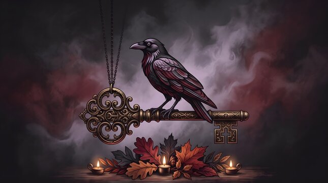 A majestic raven perches atop an antique hourglass in a moody atmospheric scene