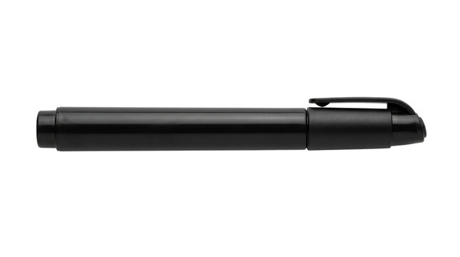 A professional black permanent marker pen isolated on a transparent background. Ideal for office, school, design, and creative projects requiring a clean cutout graphic element.