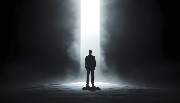 Silhouette of man standing before bright vertical light portal in dark room.