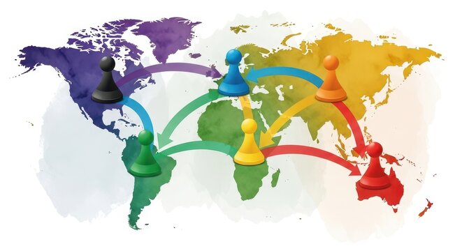 Colorful game pawns connected by arrows on a watercolor map background