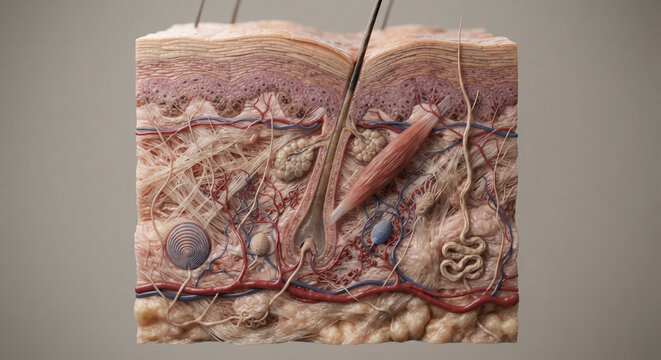 3D rendering of human skin anatomy cross-section, epidermis, dermis, hair follicle, and subcutaneous tissue layers
