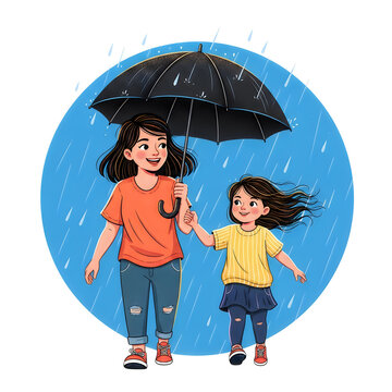 Two smiling sisters sharing umbrella under rain with blue background.