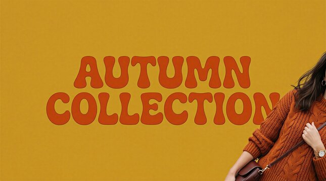 Autumn Collection text with woman in orange knit sweater against mustard yellow background
