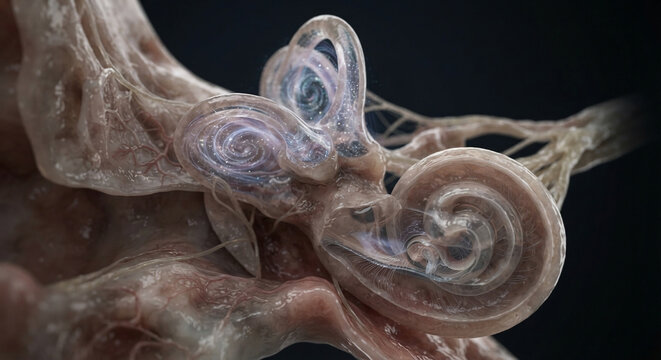 3D rendering of human inner ear anatomy, cochlea, semicircular canals, and auditory vestibular system closeup