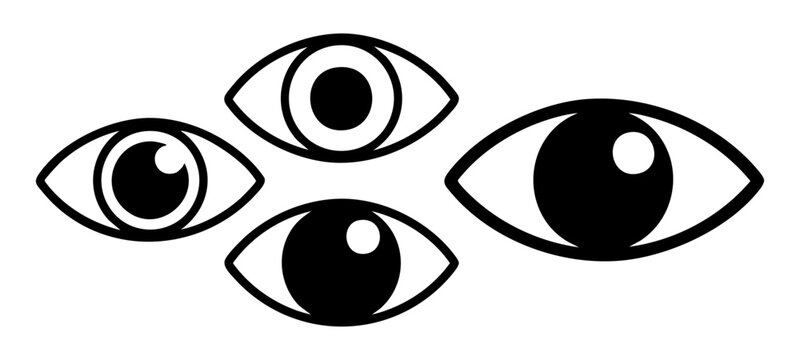 Four stylized black eyes with different pupils and outlines on transparent background.