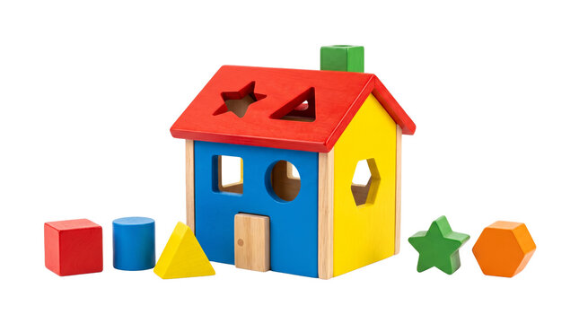 A colorful wooden shape sorter house toy with various geometric blocks. Educational game for kids to develop fine motor skills and logic, isolated on black background.