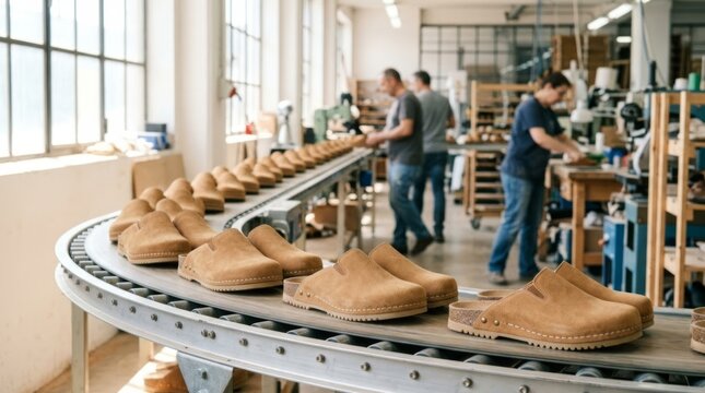 Suede clogs on a conveyor belt in a bright factory production line, showcasing footwear manufacturing and craftsmanship