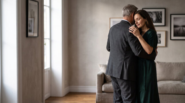 Older couple dancing slowly in a cozy living room setting  