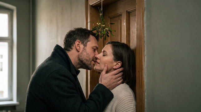 Couple kissing under mistletoe in cozy indoor setting  