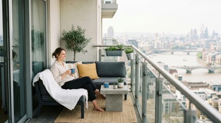 Fototapeta premium Woman relaxing on a modern balcony with city view, enjoying coffee in a serene urban lifestyle moment