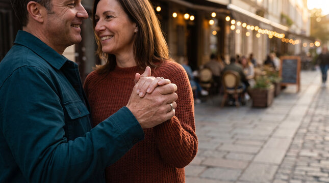 Couple holding hands and smiling on a romantic date in the city  
