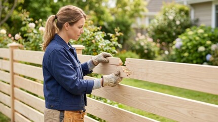Fototapeta premium Woman repairing a broken wooden fence in a sunny backyard with copy space