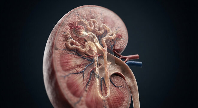 3D rendering of human kidney cross-section, renal cortex, nephron, glomerulus, and urinary excretion system
