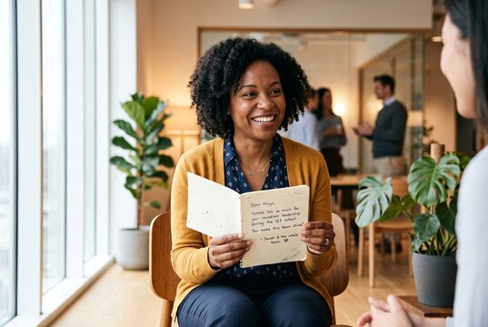 Woman reading handwritten thank you note in office