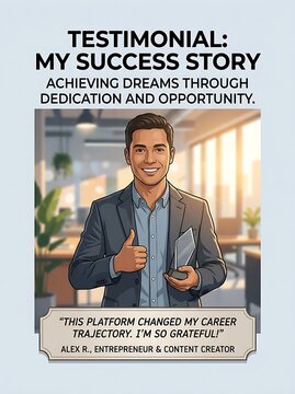 Success Story Testimonial Template with Happy Businessman Holding Award
