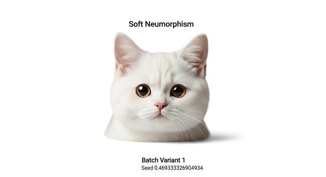 Soft Neumorphism Design: Adorable White Cat Face with Large Expressive Eyes, Isolated on White Background
