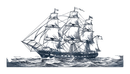 Detailed blue sketch illustration of a historic tall sailing ship navigating rough ocean waves © Masud