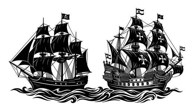 Two detailed black silhouette pirate and crusader style sailing ships navigating turbulent ocean waves vector illustration