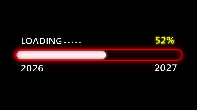 New year 2027 loading bar animation Year changing from 2026 to 2027. Loading bar from 2026 to 2027 new year transfer animation. Almost reaching New Year on black background.