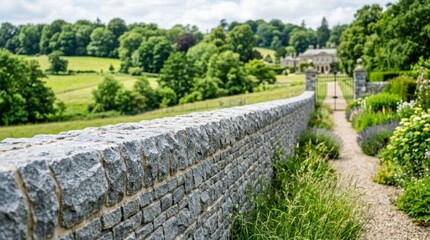 Fototapeta premium Stone boundary wall on a country estate with a manicured garden path and distant manor house, offering copy space
