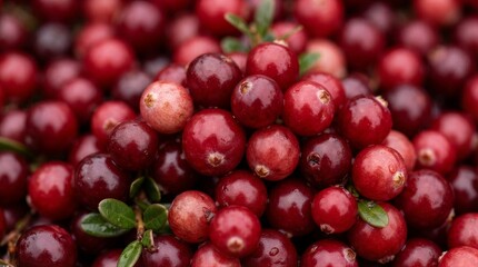 Obraz premium Cranberries clustered with leaves in close up setting