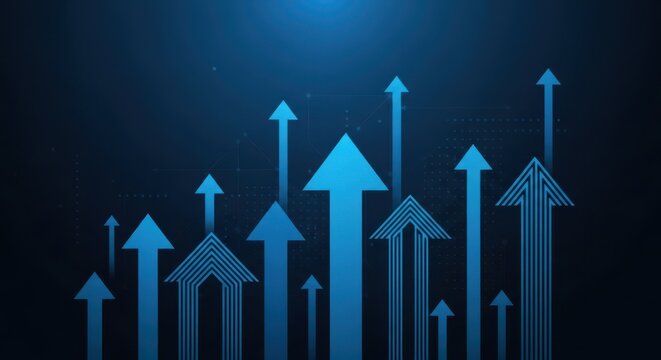 Multiple blue arrows pointing upwards on a dark background, representing growth and success