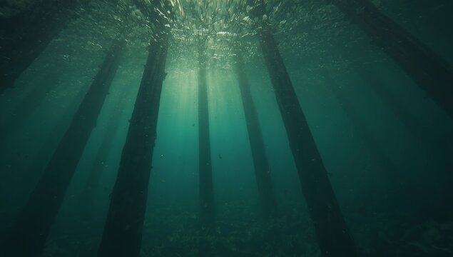 Underwater view of weathered wooden pilings with sunbeams penetrating the murky depths