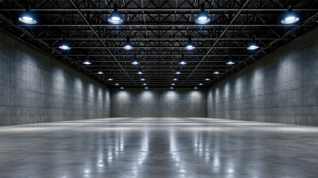 Large empty industrial warehouse with polished concrete floors and illuminated ceiling lights. Ideal for logistics, supply chain, and commercial storage concepts.