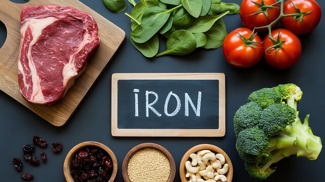 Iron rich food sources including raw beef steak, broccoli, tomatoes, nuts and seeds.