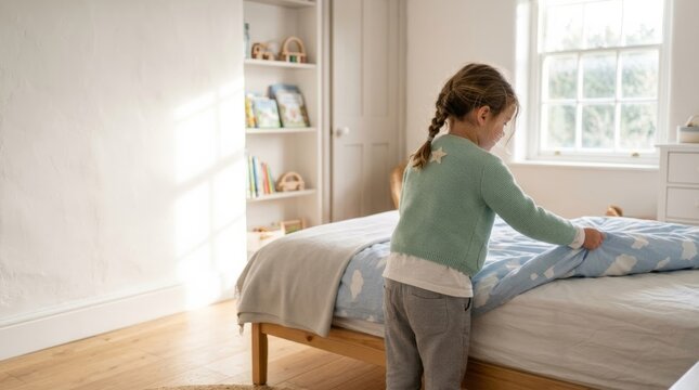 Young girl making bed in bright kids bedroom, morning routine, childhood happiness and neatness